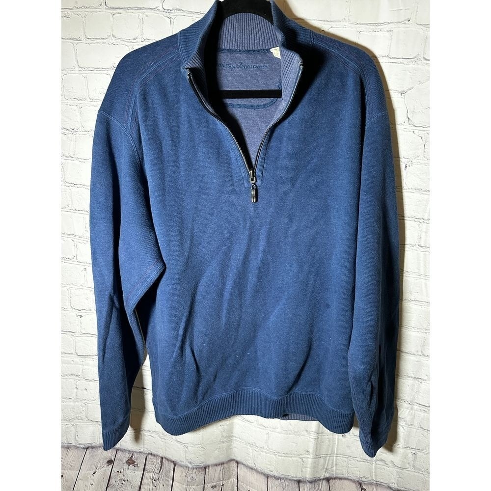 Tommy Bahama Mens Blue Cotton 1/4 Zip Pullover Sweater Large Mock Neck Heathered